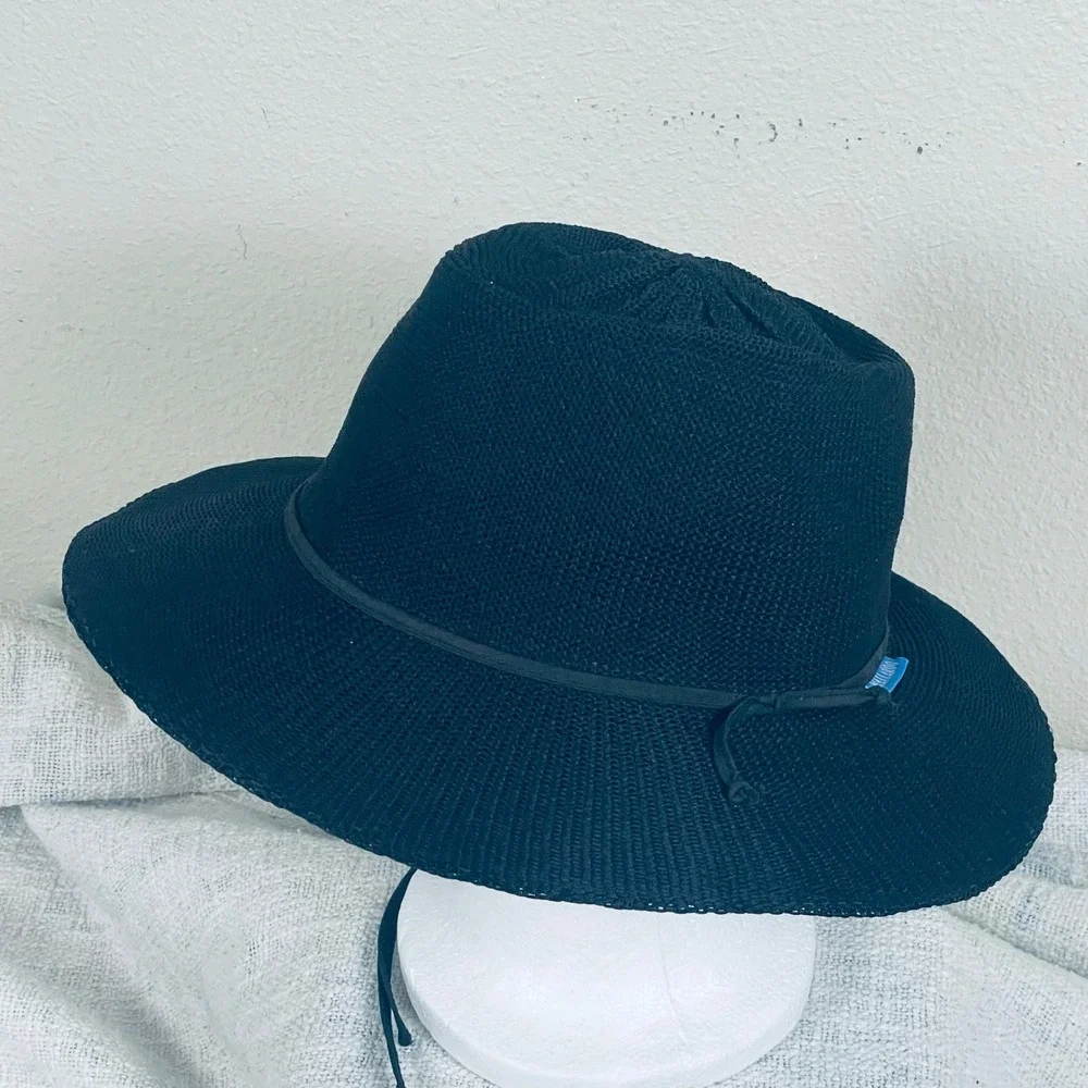 Wallaroo Victoria Fedora Womens Black Poly Straw Packable UPF 50 Sun Hat